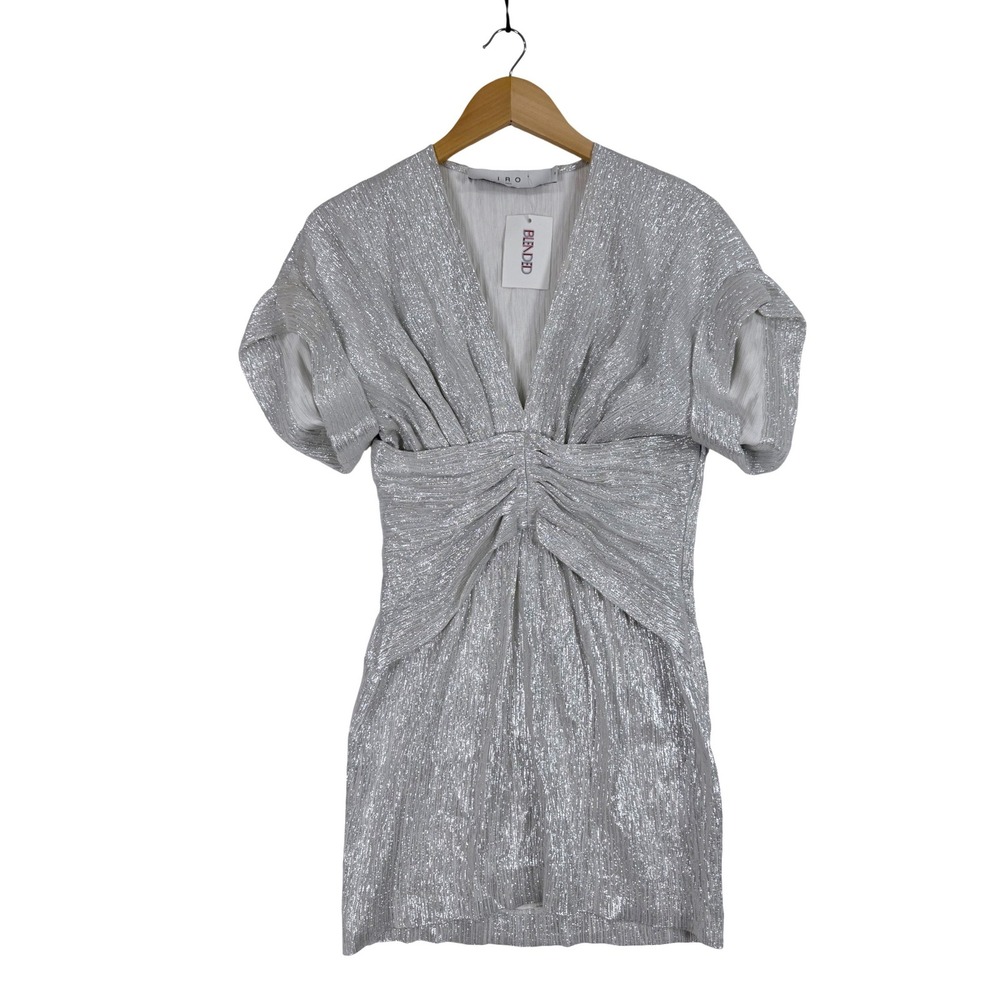 IRO Bilou Dress Women 34 Silver Metallic Ruched V-Neck Mini Dress NEW